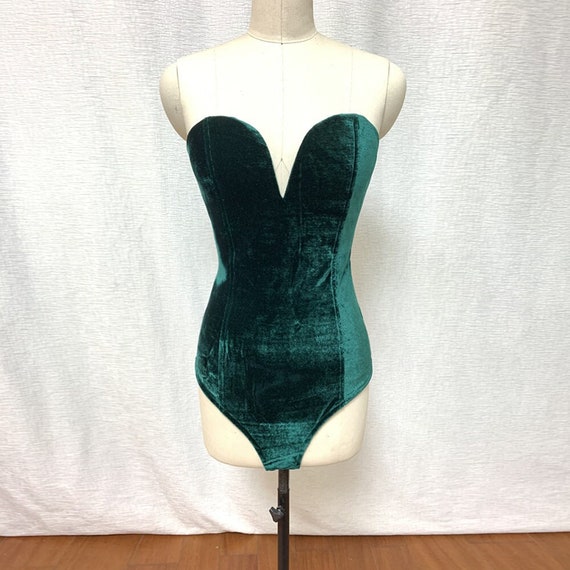 Emerald Green and Red and Black Velvet Bodysuit Halloween Leotard Corset  Back Christmas New Year With Snap Crotch 