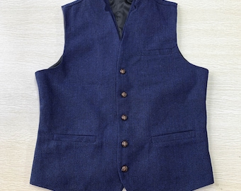 Royal Blue Mens Vest Wedding Waistcoat Herringbone Tweed Double Collar 3 Pockets 5 Buttons