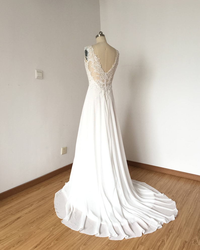 V-Neck Ivory Lace Chiffon Long Wedding Dress image 2