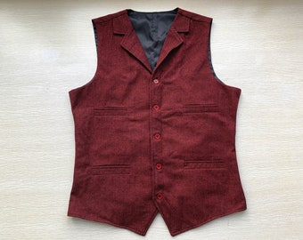 Mens Vest Made to Order Burgundy Wedding Prom Waistcoat Casual Business Tailored Collar 4 Pockets 5 Buttons