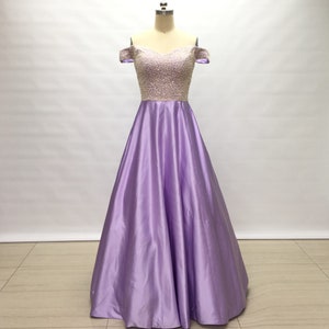 Off the Shoulder Lilac Satin Long Prom Dress Beaded Bodice