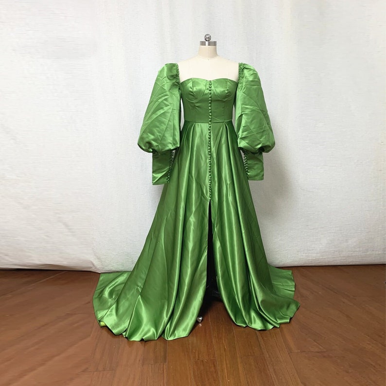 Puff Sleeves Prom Dress 2022 Green Satin with Slit 