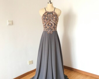 Spaghetti Straps Charcoal Grey Chiffon Long Prom Dress