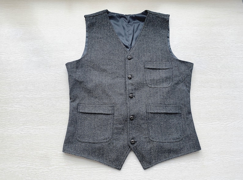 Mens Vest Made to Order Black Wedding Prom Waistcoat Casual Business V-neck 3 Pockets 5 Buttons image 1