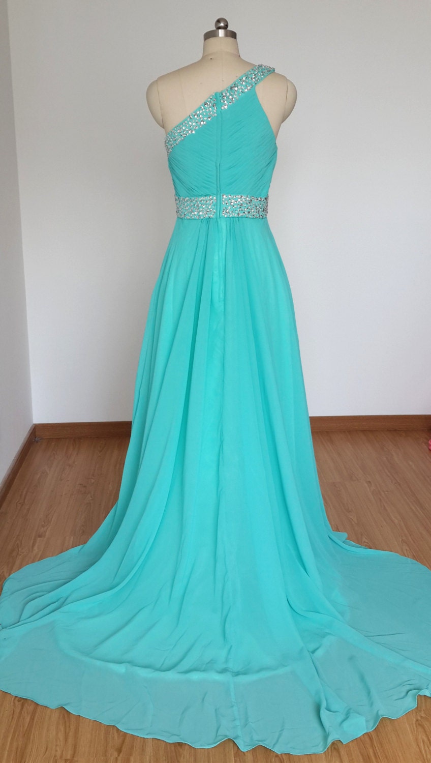 One-shoulder Turquoise Blue Chiffon Beaded Long Prom Dress | Etsy