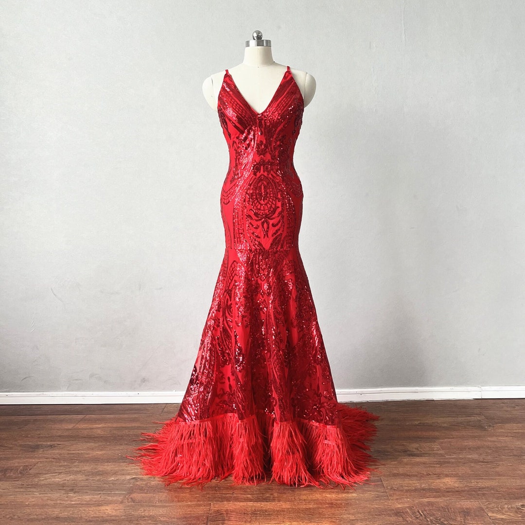 Mermaid Prom Dress Spaghetti Straps Red Sequin Evening Dress With ...