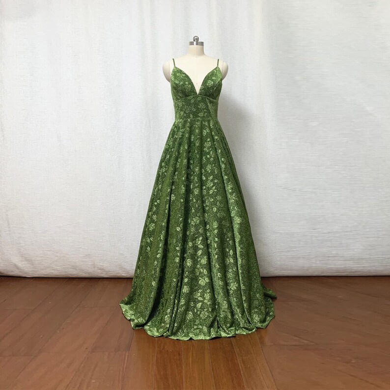 Moss Green Floral Prom Dress 2022 Ball Gown Spaghetti Straps Etsy