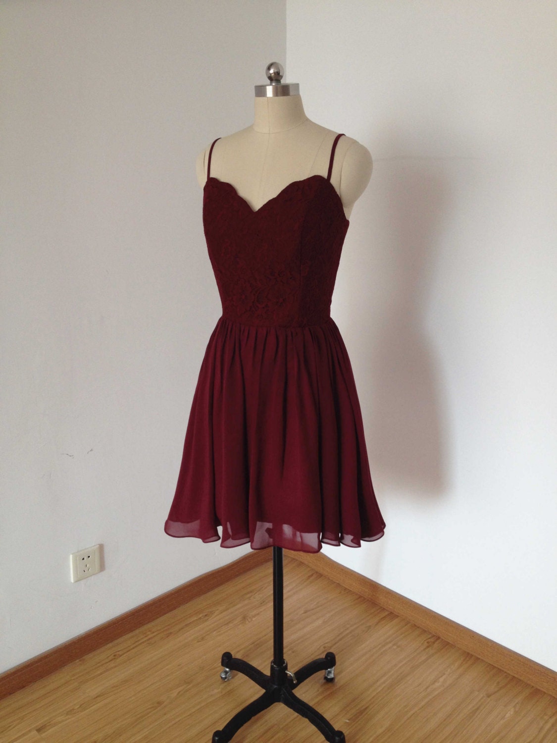 Spaghetti Straps Burgundy Lace Chiffon Short Homecoming Dress - Etsy