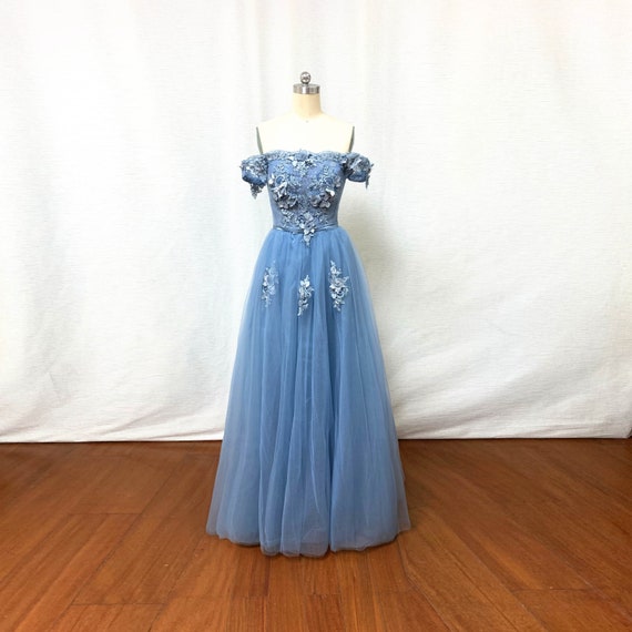 Dusty Blue Lace Tulle Prom Dress Fairy ...