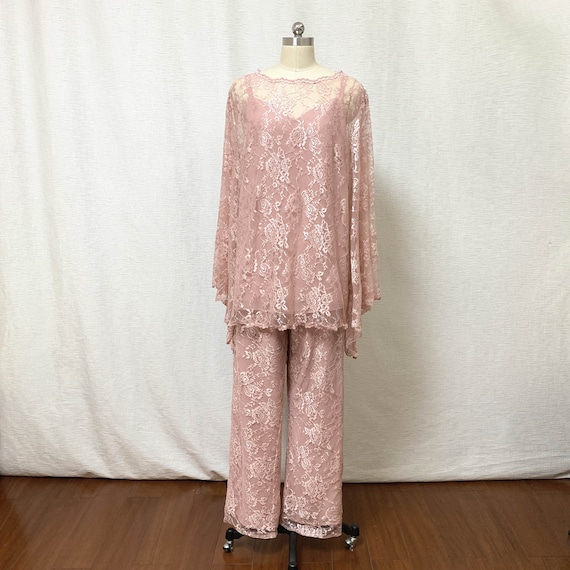 Ankle-length Mother of the Bride Dress Long Sleeves 3 Pieces Dusty Rose  Lace Chiffon Pants Suit Plus Size -  Ireland