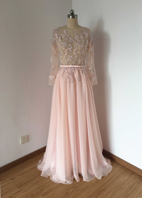 Mangas largas vestido de fiesta largo de gasa rosa pálido top - Etsy México Mangas largas vestido de fiesta largo de gasa rosa pálido top - Etsy México