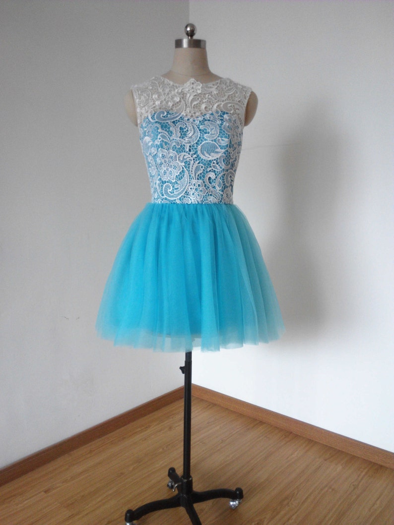 Ball Gown Ivory Lace Turquoise Blue Tulle Short Bridesmaid - Etsy