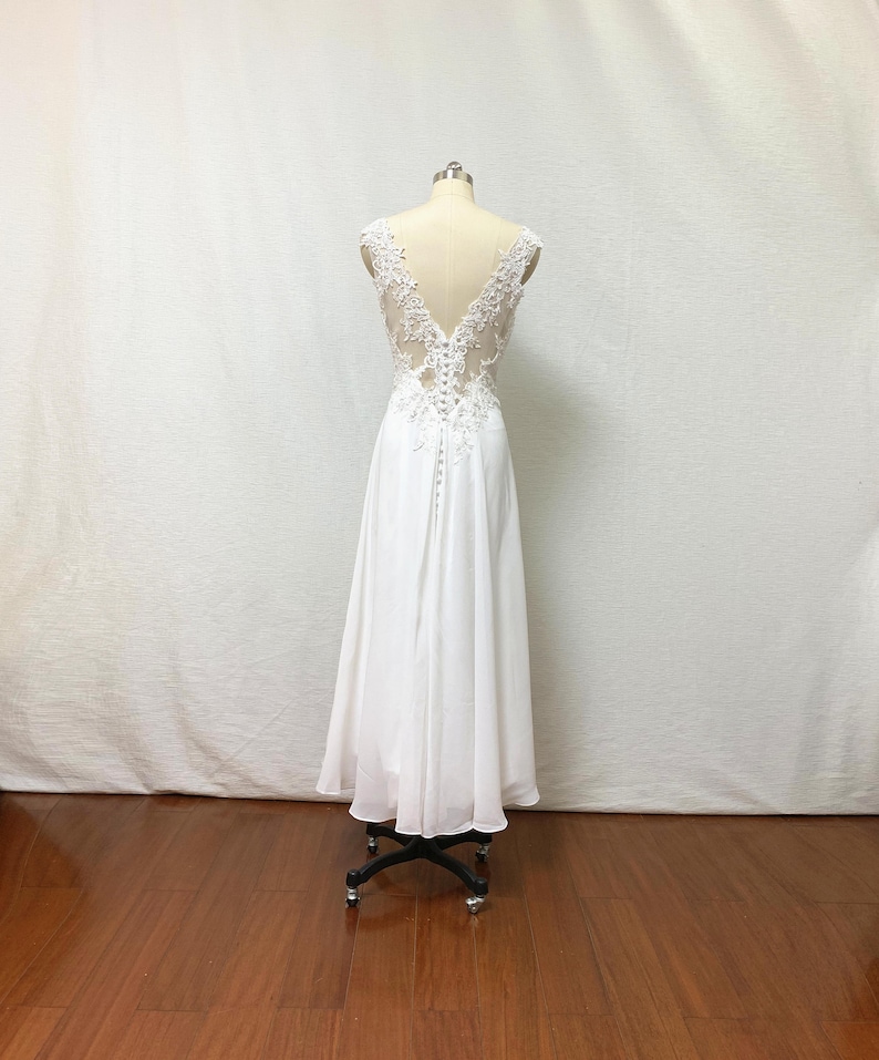 V-Neck Ivory Lace Chiffon High Low Wedding Reception Dress image 2