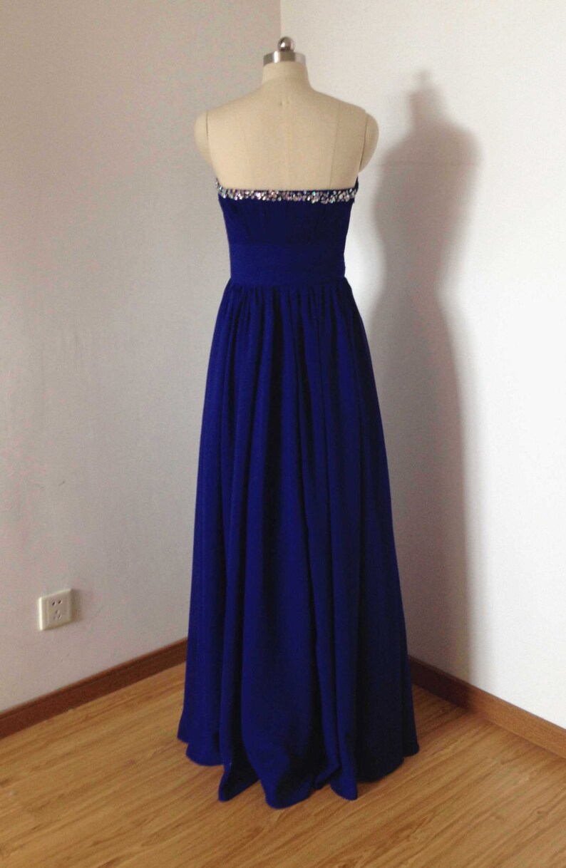 Simple V-neck Beaded Chiffon Dress Blue main image 1