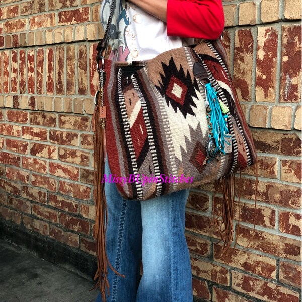 Saddle Blanket Bag, Navajo blanket, Brown and Tan Saddle blanket bag, Western tote, Large tote, Leather Fringe, Leather Belt Strap