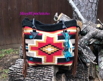 Saddle Blanket Bag, Navajo blanket, Red and Black Saddle blanket bag, Western Leather Fringe Bag, Large Southwestern tote
