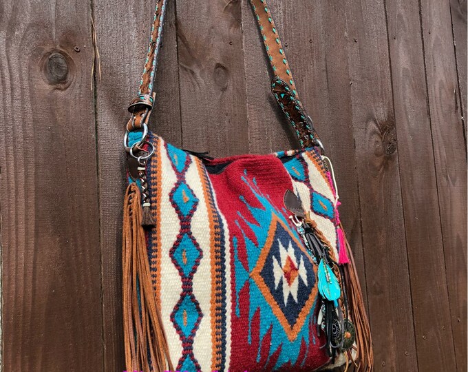 Red and Turquoise Saddle Blanket Bag, Western Tote, Navajo Blanket Tote