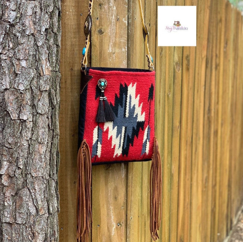 Western tote Saddle Blanket Bag Leather Fringe Small Southwestern tote Western Belt Strap Red Saddle blanket bag