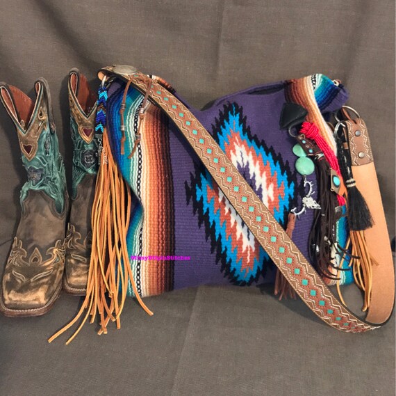 Serape Saddle Blanket Bag Purple Saddle Blanket Tote Leather Etsy