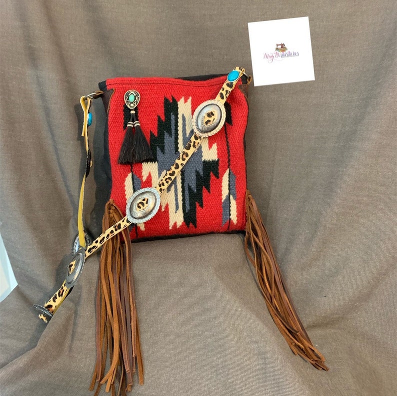 Western tote Saddle Blanket Bag Leather Fringe Small Southwestern tote Western Belt Strap Red Saddle blanket bag