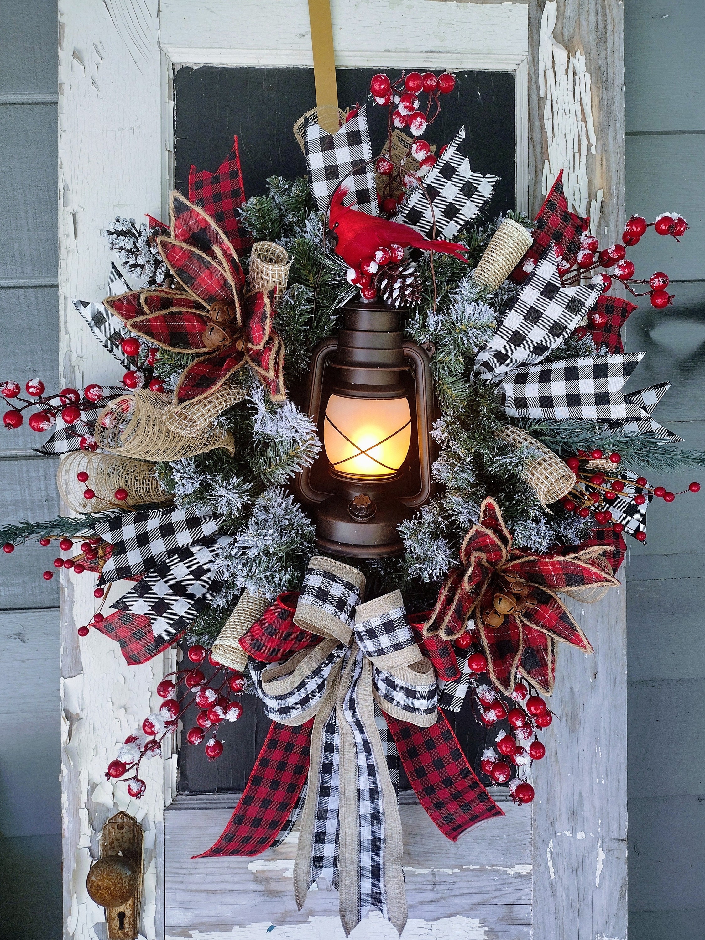 Farmhouse Christmas Lantern Wreath: Rustic Buffalo Check Front