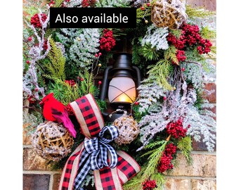 Farmhouse Christmas Lantern Wreath: Rustic Buffalo Check Front