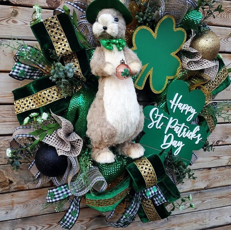 St Patrick's Day Wreath, leprechaun Wreath for Front Door, luck of the Irish Porch Decor, Burlap burlap Wreath image 2