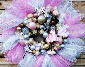 Nutcracker Wreath for Front Door, Ballerina wreath, Ornament Wreath for front Door, Princess Wreath, Pink Wreath, African-American ballerina