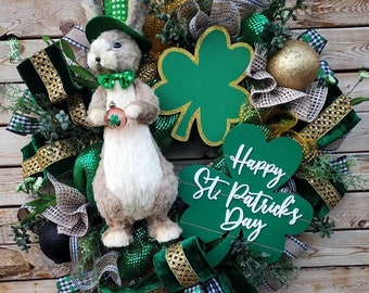 St Patrick's Day Wreath, leprechaun  Wreath for Front Door, luck of the Irish Porch Decor, Burlap burlap Wreath