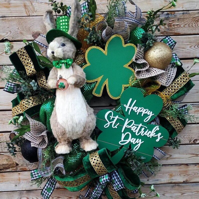 St Patrick's Day Wreath, leprechaun Wreath for Front Door, luck of the Irish Porch Decor, Burlap burlap Wreath image 1