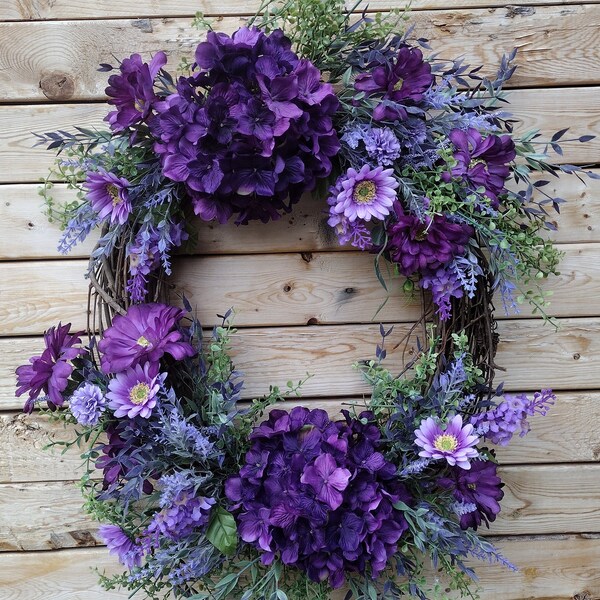 Purple Spring Wreath, Spring Wreath for Front Door, Summer Porch Decor, Porch Decor, Purple Hydrangea Wreath, Everyday Grapevine Wreath