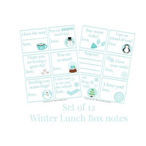Op de afbeelding: Set van 12 bedrukbare lunchbox-notities met winterthema met schattige illustraties en bemoedigende berichten. De notities bevatten een sneeuwpop, een pingu&iuml;n, een ijsbeer en andere winterse ontwerpen.