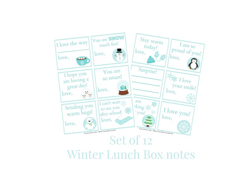 Op de afbeelding: Set van 12 bedrukbare lunchbox-notities met winterthema met schattige illustraties en bemoedigende berichten. De notities bevatten een sneeuwpop, een pingu&iuml;n, een ijsbeer en andere winterse ontwerpen.