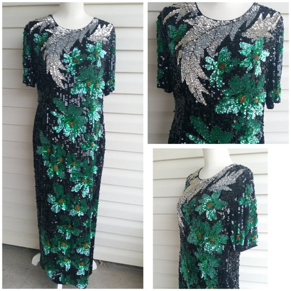 Vintage Fully Sequin Floral Evening Dress