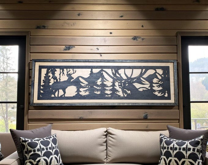Rustic Mountain Scene Wall Art – 36” Laser Cut Wood Wall Hanging