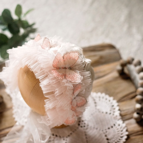 Butterfly Bonnet, Newborn bonnet, Sitter Bonnet, Butterfly, White bonnet, Baby girl, Vintage, Mesh Bonnet, Blush lace bonnet