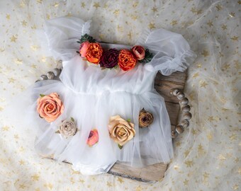 Sitter Romper, Flowers romper, Fall Baby romper, First Birthday outfit, Wedding baby dress, Fall baby outfit, Tulle fall romper