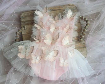 Sitter Romper, Butterflies romper, Blush romper, First Birthday outfit, Off white pearls dress, Butterfly outfit, Ruffles romper