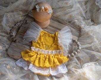RTS, Newborn Fall outfit, Newborn romper set, Baby romper, Baby girl romper, Mustard Romper, Mustard, Lace outfit, Newborn girl outfit