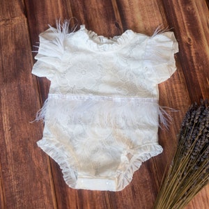 RTS, Sitter Romper, Lined Lace Romper, Feathers Romper, Baptism Dress, Boho, Lace romper, Delicate, Baby girl photo prop, Photo Prop, White