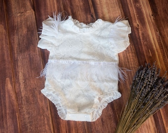RTS, Sitter Romper, Lined Lace Romper, Feathers Romper, Baptism Dress, Boho, Lace romper, Delicate, Baby girl photo prop, Photo Prop, White