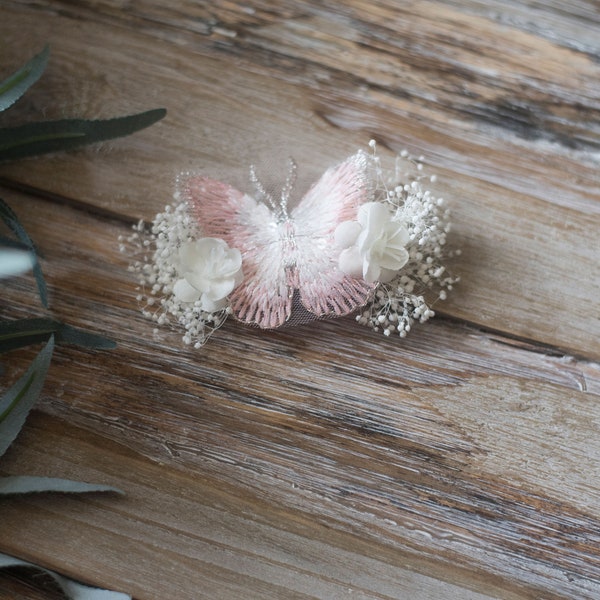 RTS, Blush Hair Clip, Butterfly hair clip, Wedding clip, Bridal Floral clip, Handmade Pink clip, Butterfly, Pink clip