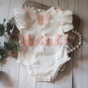 RTS, Sitter Romper, Butterfly Lace Romper, Feathers Romper, Baptism Dress, Boho, Lace romper, Baby girl photo prop, Photo Prop, White
