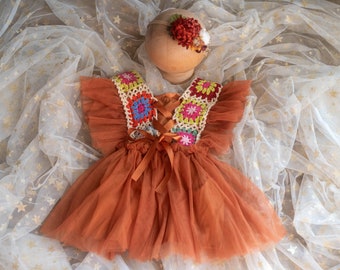 RTS, Sitter romper, Fall baby dress, Baby girl romper, Boho Fall Romper, 12 month, Fall outfit, Autumn, Rust outfit