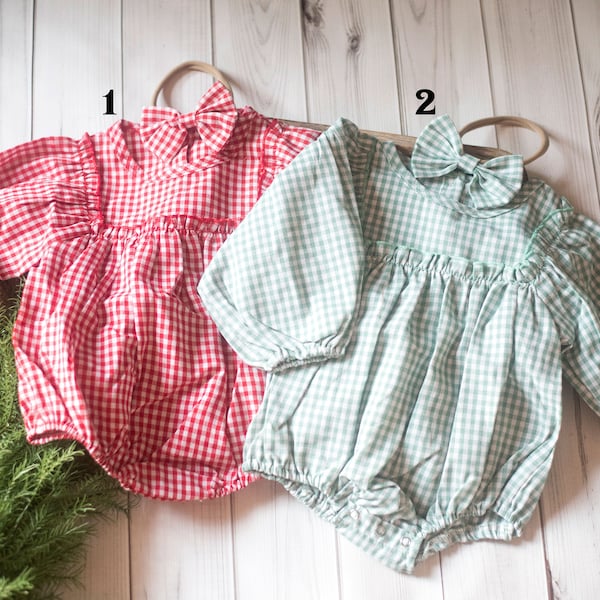 RTS, Christmas Baby Romper, Sitter Black White Romper, Christmas Plaid romper, Red Plaid Romper, Baby girl romper, Green Plaid romper