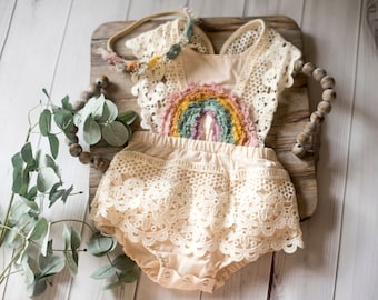 RTS, Rainbow Sitter Romper, Boho rainbow, Cream, Romper, Baby girl romper, Rainbow Baby, Vintage, Boho romper, Photo Prop, Neutral, Organic