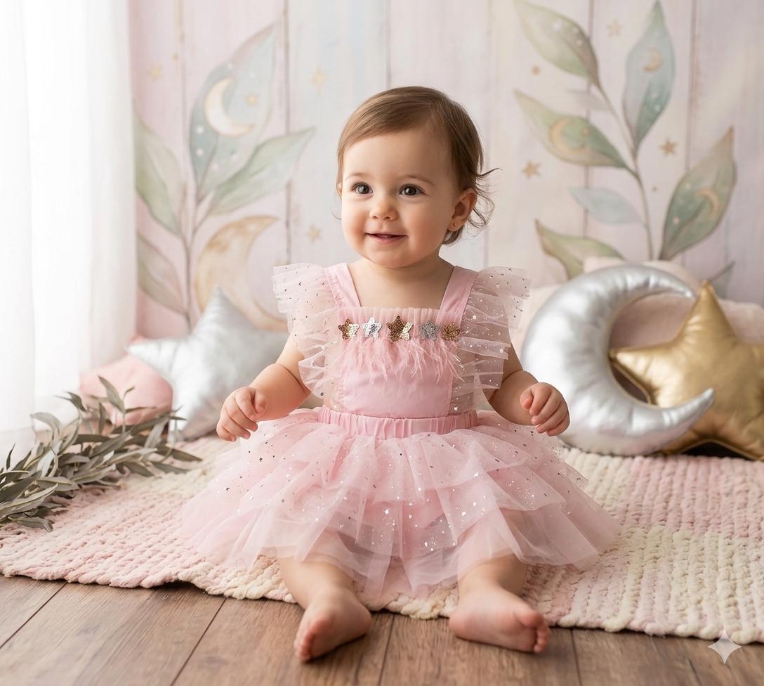 RTS, Stars Dress, First Birthday outfit, Pink Romper, Lace, Silver Pink Dress, Pink, Delicate, Pink stars tulle outfit, 12 month dress pink
