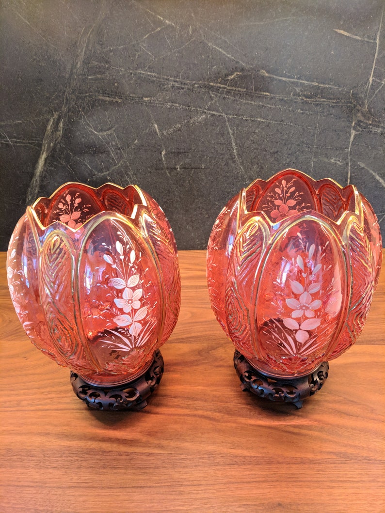 Pair of Victorian Cranberry Glass Oil Lamp Shades with