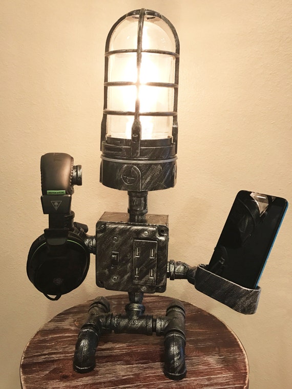 Steampunk Industrial Robot Lamp Usb Device Cradle Charger Steampunk Industrial Robot Lamp Usb, Robot Steampunk Industrial Pipe Desk Lamp With Dimmer Smartphone Charging Cradle