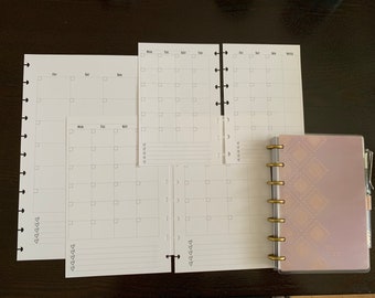 Planificador mensual sin fecha en 2 páginas MO2P con forma de corazón, lista de verificación, disco, cuaderno con agujero de hongo, insertos de papel impresos, 30 hojas, papel blanco de 32 lb